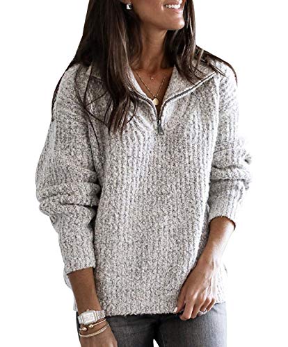 Zip Pullover Strick Damen Strickpullover Damen Oversize Stricken Pulli Frauen Grobstrickpullover Pullis Grober Winterpullover Overzised Longpullover Zopfstrick Strickpulli Damen Winterpulli Grau XL von Peuignao