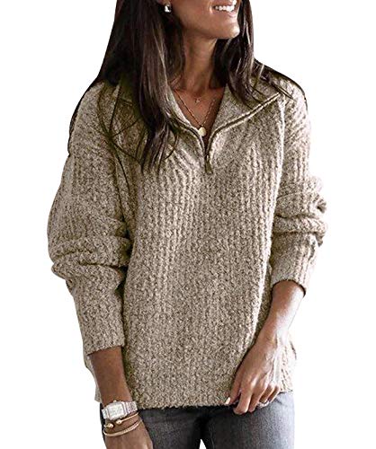 Zip Pullover Strick Damen Strickpullover Damen Oversize Stricken Pulli Frauen Grobstrickpullover Pullis Grober Winterpullover Overzised Longpullover Zopfstrick Strickpulli Damen Winterpulli Khaki XXL von Peuignao