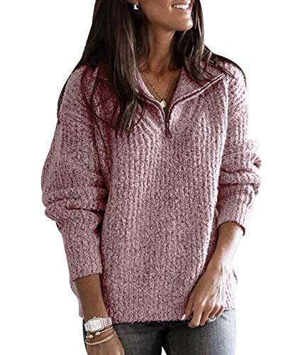 Zip Pullover Strick Damen Strickpullover Damen Oversize Stricken Pulli Frauen Grobstrickpullover Pullis Grober Winterpullover Overzised Longpullover Zopfstrick Strickpulli Damen Winterpulli Rot XXL von Peuignao