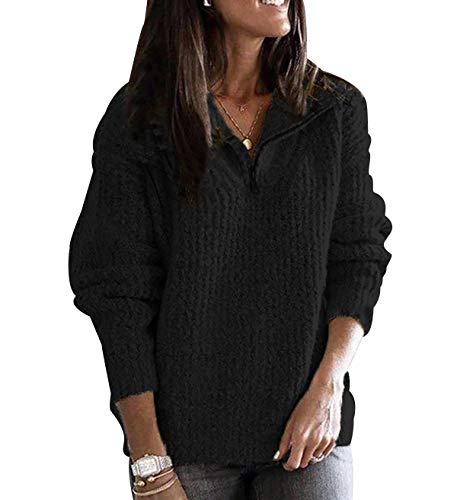 Zip Pullover Strick Damen Strickpullover Damen Oversize Stricken Pulli Frauen Grobstrickpullover Pullis Winterpullover Overzised Longpullover Zopfstrick Strickpulli Damen Winterpulli Schwarz XXL von Peuignao