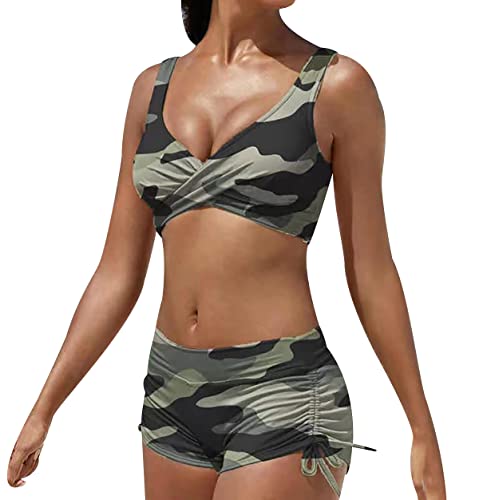 Zweiteiliger Badeanzug Damen Bikinis für Damen Pushup Bikini mit Shorts High Waist Damen Set Swimsuit Women Push Up Surf Sportlich Bikini Camouflage Badeanzüge Frauen Bademode Große Größen Damen S von Peuignao