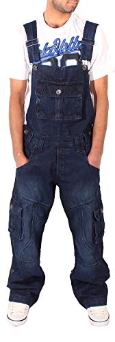 Peviani Herren Cargo Combat Locker Sitzend Jeans-Latzhose, Dunkle Waschung Blau, Taille 30" - 44" - Dunkle Waschung Blau, 32W / 33L von Peviani