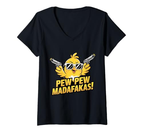 Damen Lustiges Retro-Küken mit Waffen Pew Madafakas Pew für Enten-Fans T-Shirt mit V-Ausschnitt von Pew Madafakas Pew Apparel