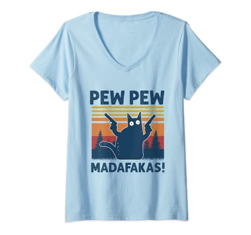 Damen Cat Pew Pew Madafakas Vintage Crazy Cat Funny Graphic T-Shirt mit V-Ausschnitt von Pew Pew Madafakas Funny Cat tee