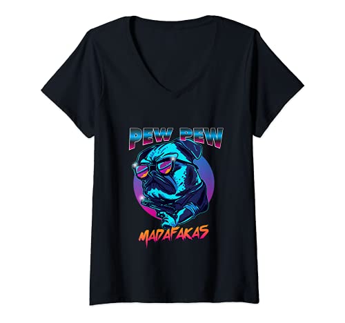 Damen Pew Pew Madafakas Mops Hund Vintage Mops T-Shirt mit V-Ausschnitt Damen Pew Pew Madafakas Mops Hund Vintage Mops T-Shirt mit V-Ausschnitt von Pew Pew Madafakas Mops Liebhaber Mops Figur