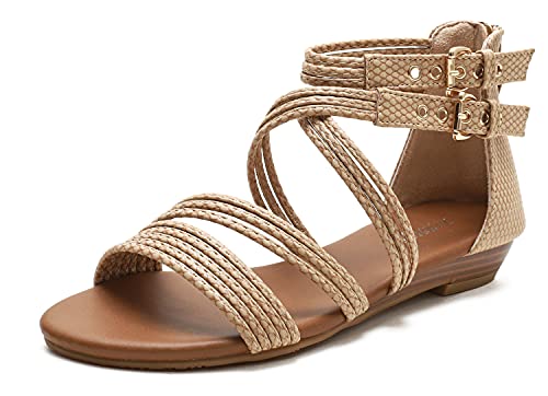 Pexuya Damen Frauen Bohemian Sommerschuhe PU Leder Römisch Flach Sandalen S94 (Beige, 41) von Pexuya