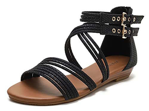 Pexuya Damen Frauen Bohemian Sommerschuhe PU Leder Römisch Flach Sandalen S94 (Schwarz, 41) von Pexuya