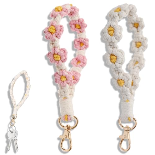 2 Stück Makramee Schlüsselband, Boho Keychain, Damen Wristlet Schlüsselanhänger, Cute Gänseblümchen Armband, für Damen und Mädchen Weiß+Rosa von Peysaitr