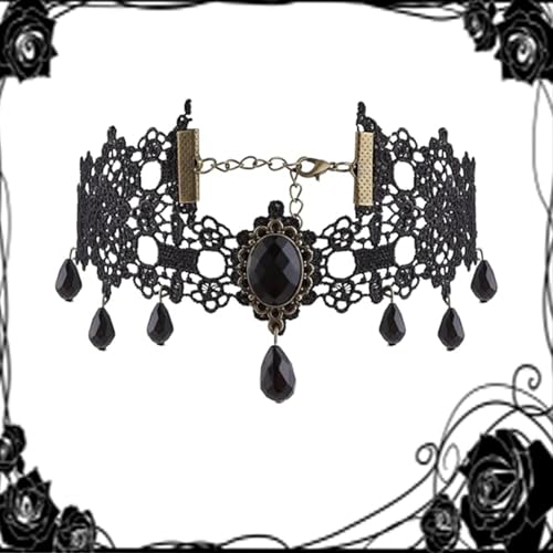Peysaitr Schwarz Spitze Halsketten, Gothic Steampunk Halskette, Retro-Edelstein-Halsketten, Kristall Anhänger, Halloween Cosplay Party Diamant Halskette Schmuck für Frauen und Mädchen(Schwarz) von Peysaitr