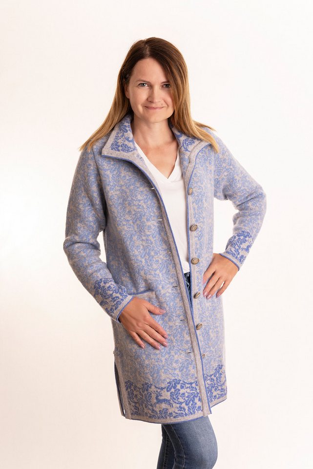 Pezzo D'oro Strickmantel Edler Damenstrickmantel aus Merinowolle mit Jacquardbordüre auch in großen Größen erhältlich von Pezzo D'oro