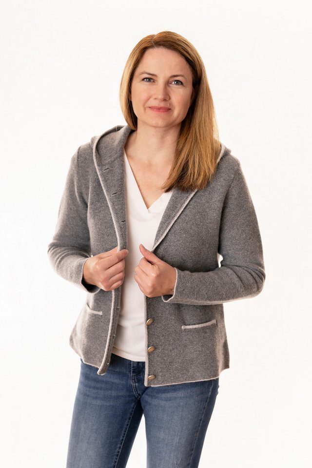 Pezzo D'oro Trachtenstrickjacke Trachtencardigan mit Kapuze aus reiner Merinowolle graumeliert von Pezzo D'oro