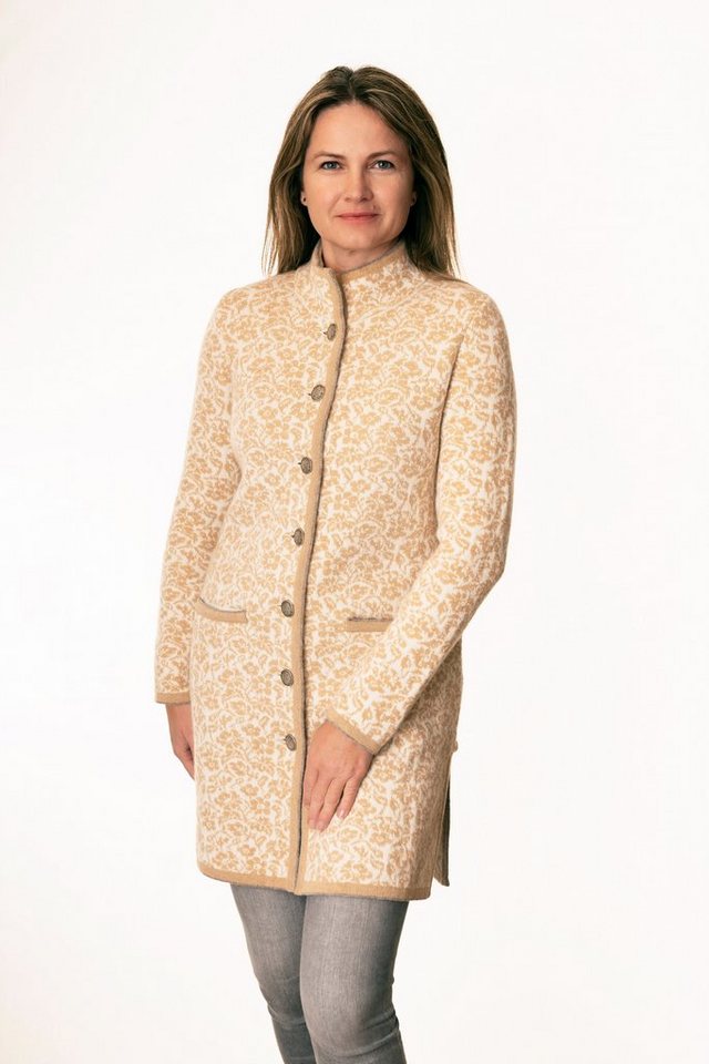 Pezzo D'oro Strickmantel Strickjacke knielang, offwhite/camel, Gehrock,reine Merinowolle, (1-teilig) Matel wird in Jacquardstrick, Doppelstrick gefertigt,keine Flottfäden von Pezzo D'oro