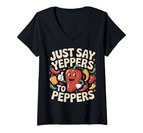 Damen Just Say Yeppers to Peppers Gemüsebauer |- T-Shirt mit V-Ausschnitt Damen Just Say Yeppers to Peppers Gemüsebauer |- T-Shirt mit V-Ausschnitt von Pfefferzucht und vegetarischer Humor