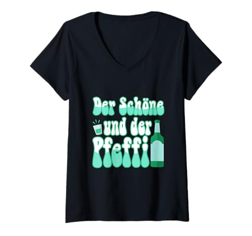 Damen Der schöne und der Pfeffi T-Shirt mit V-Ausschnitt von Pfeffi likör Saufen Männerabend schnaps Alkohol