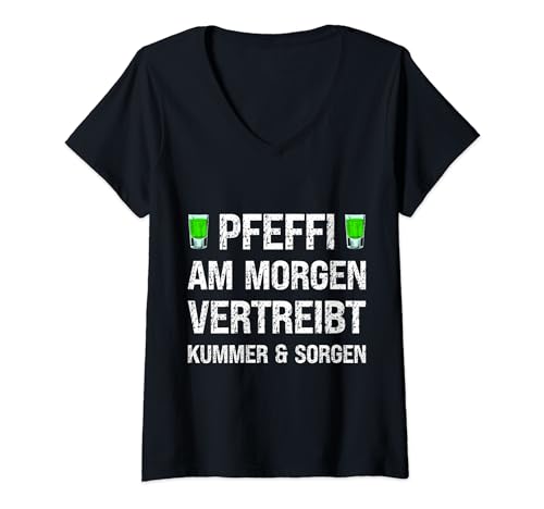 Damen Pfeffi am Morgen vertreibt Kummer Pfefferminz Likör Kostüm T-Shirt mit V-Ausschnitt von Pfeffifee JGA Apres Ski Karneval & Fasching Shirt