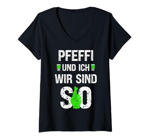 Damen Pfeffi und ich wir sind so Pfefferminz Likör Kostüm T-Shirt mit V-Ausschnitt von Pfeffifee JGA Apres Ski Karneval & Fasching Shirt