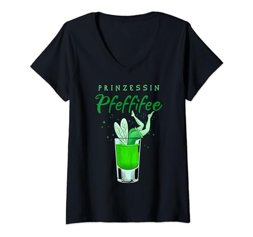 Damen Prinzessin Pfeffifee Pfefferminz Likör Saufen Party Pfeffi T-Shirt mit V-Ausschnitt von Pfeffifee JGA Apres Ski Karneval & Fasching Shirt