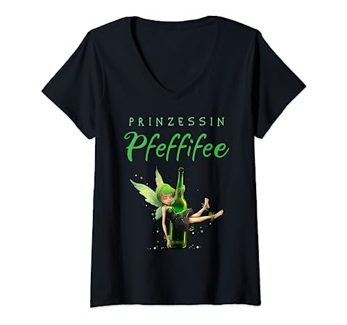 Damen Prinzessin Pfeffifee Pfefferminz Likör Saufen Party Pfeffi T-Shirt mit V-Ausschnitt von Pfeffifee & JGA Apres Ski Karneval Fasching Shirt