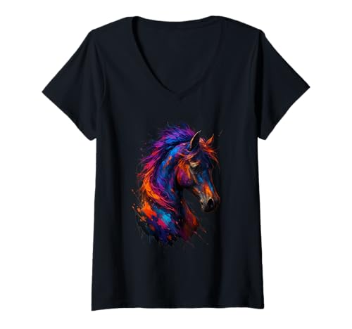 Damen Pferde Tierdruck Kunst Tierliebhaber Buntes Pferd T-Shirt mit V-Ausschnitt Damen Pferde Tierdruck Kunst Tierliebhaber Buntes Pferd T-Shirt mit V-Ausschnitt von Pferd Buntes Freiheitssymbol Design Tierfreunde
