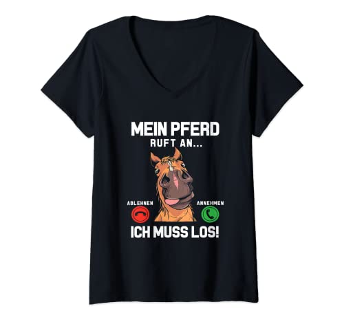 Damen Mein Pferd Ruft An Reiterin Reiter Stall Mädchen Pferde T-Shirt mit V-Ausschnitt von Pferd Geschenke Pferdeliebhaber Reiten Reitsport