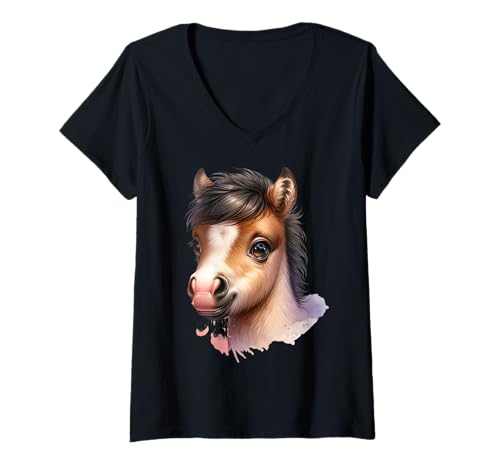 Damen Kawaii Pony Design für Pferde Fans T-Shirt mit V-Ausschnitt von Pferd Pony Kinder Tiere Reiterhof