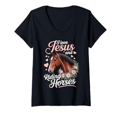 Damen I Love Jesus and Riding Horses T-Shirt mit V-Ausschnitt von Pferd Reiten Reitersport Christlich