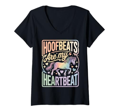 Damen Hoofbeats Are My Heartbeat T-Shirt mit V-Ausschnitt von Pferd Reitsport Reiten