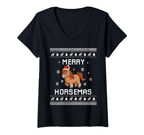 Damen Pferd Hässlicher Weihnachtspullover für die Feiertage T-Shirt mit V-Ausschnitt von Pferd Weihnachtspullover