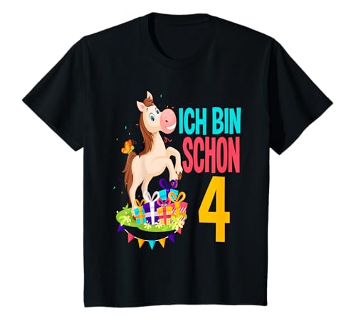 4. Geburtstag Mädchen Ich Bin Schon 4 Pferde Geburtstags T-Shirt von Pferde Kindergeburtstag Geburtstagsshirt Geschenk