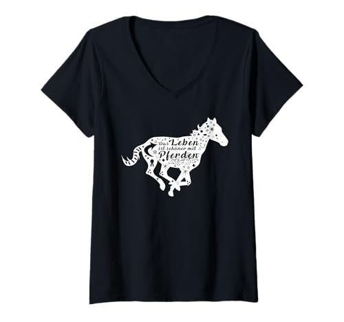 Damen Das Leben ist schöner mit Pferden Outfit Reiten Pferd Pony T-Shirt mit V-Ausschnitt Damen Das Leben ist schöner mit Pferden Outfit Reiten Pferd Pony T-Shirt mit V-Ausschnitt von Pferde Reitstall Reiterin Pferdestall Damen Spruch