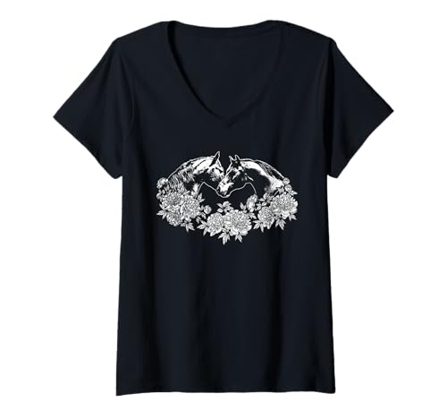Damen 2 Pferde mit Blumen, Herz T-Shirt mit V-Ausschnitt Damen 2 Pferde mit Blumen, Herz T-Shirt mit V-Ausschnitt von Pferdedesigns von Content Design Studio