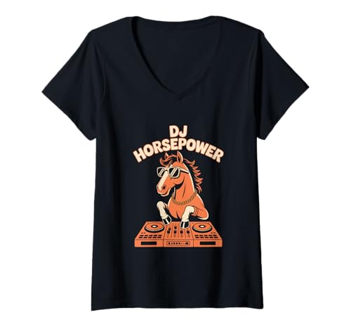 Damen DJ Horsepower Pferd DJ Humor Club Rave EDM Musik T-Shirt mit V-Ausschnitt Damen DJ Horsepower Pferd DJ Humor Club Rave EDM Musik T-Shirt mit V-Ausschnitt von Pferdehumor DJ Rave Musik Club EDM Pferd Party