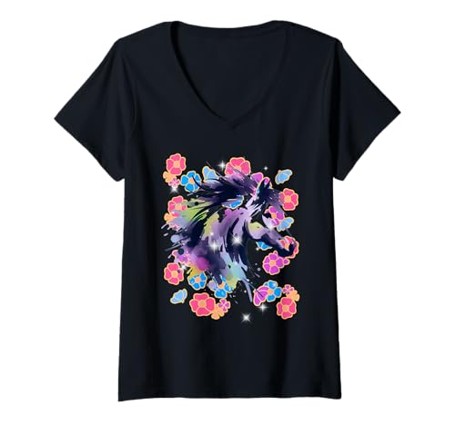 Damen Retro Blumen Vintage Pferd Pferde Mädchen 60er 80er T-Shirt mit V-Ausschnitt von Pferdekopf Pferd Pferde