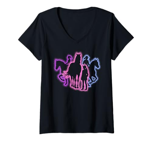 Damen Pferd reiten Reiterin Reitsport Silhouetten Mädchen Pferde T-Shirt mit V-Ausschnitt von Pferdeliebhaber und Reiterin Pferdesport Designs