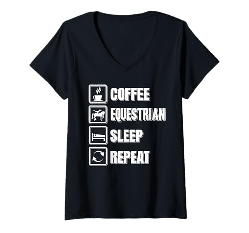 Damen Kaffee Reiten Schlafen Wiederholen Pferdefan Lustig T-Shirt mit V-Ausschnitt von Pferdesport Kaffee Alltag Routine Fans
