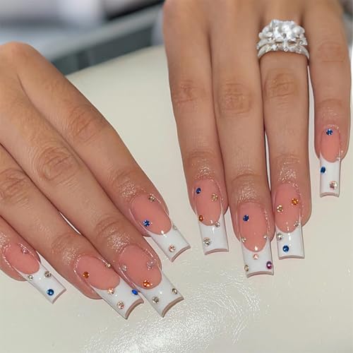 Pffiocix 24 x lange, quadratische Nägel zum Aufdrücken mit bunten Strasssteinen für Damen und Mädchen, französische Maniküre, Nagelkunst von Pffiocix