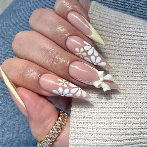 Pffiocix Elegante French Styles lange Nägel zum Aufdrücken mit Blume und Schleifen, künstliche Nägel für modische Frauen von Pffiocix