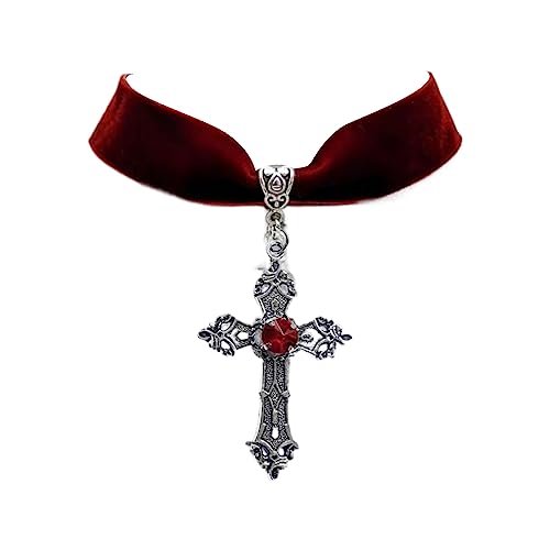 Pffiocix Halskette mit Kreuz-Anhänger aus schwarzem Samt, Gothic, Vintage, Schlüsselbeinkette, schwarzer Samt, Choker für Halloween, Schmuck, Geschenk, Kreuzanhänger, Halskette, Einheitsgröße, Wie von Pffiocix