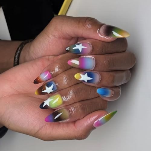 Pffiocix Kunstnägel zum Aufdrücken, kurze Mandel, glänzend, Acryl, zum Aufkleben, für Damen, 24 Stück von Pffiocix