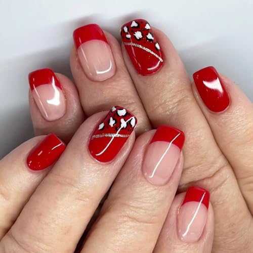 Pffiocix Press on Nails Acryl Herbst Maniküre Dekoration kurz quadratisch glänzend französische Spitze Leoparden Designs für Frauen Pffiocix Press on Nails Acryl Herbst Maniküre Dekoration kurz quadratisch glänzend französische Spitze Leoparden Designs für Frauen von Pffiocix