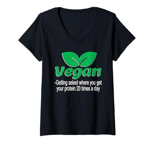 Damen Vegan-Witz: Woher bekommst du Dein Protein? T-Shirt mit V-Ausschnitt von Pflanzliches Protein Humor für Veganer
