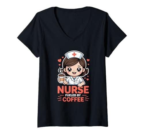 Damen Nurse Fueled by Coffee Pflege Kaffee Humor Pflegekraft T-Shirt mit V-Ausschnitt von Pflege Krankenpflege Krankenschwester Kaffee