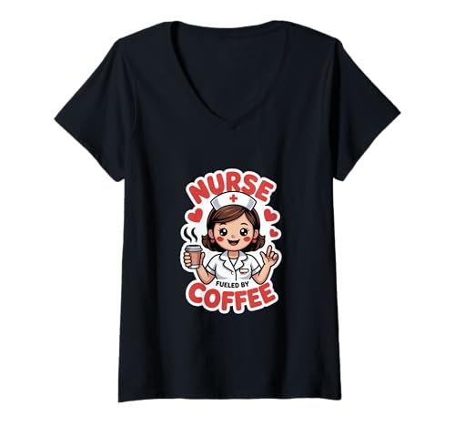 Damen Nurse Fueled by Coffee Pflegekraft Kaffee Spruch T-Shirt mit V-Ausschnitt Damen Nurse Fueled by Coffee Pflegekraft Kaffee Spruch T-Shirt mit V-Ausschnitt von Pflegekraft Kaffee Humor Krankenschwester Spruch
