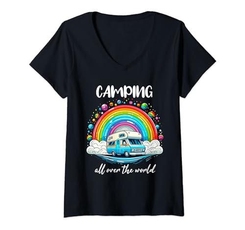 Camping all over the World Camper Männer Frauen Kinder Reise T-Shirt mit V-Ausschnitt von Pfotenschatz