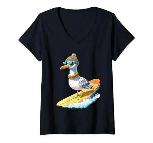 Damen Möwe Surfen Surfer Meer Urlaub Cool T-Shirt mit V-Ausschnitt von Pfotenschatz