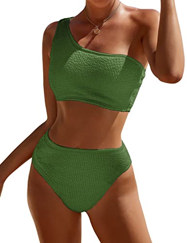 One Shoulder Bikini Sets for Women High Waisted Full Coverage Badeanzug Gerippter Push Up Two Piece Badeanzüge, Grün (Army Green), Large von Pfreesea