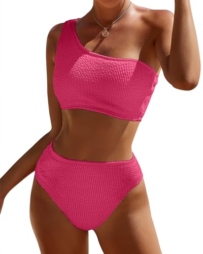 One Shoulder Bikini Sets for Women High Waisted Full Coverage Badeanzug Gerippter Push Up Two Piece Badeanzüge, Pink, Large von Pfreesea