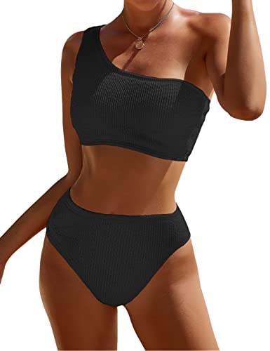 Pfreesea Damen-Bikini-Set mit einem Träger (one shoulder), hohe Taille, kaschiert das Bäuchlein, volle Bedeckung, gerippt, 2-teiliger Badeanzug, Schwarz, XL von Pfreesea