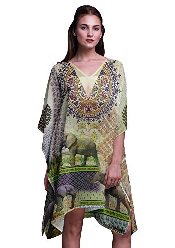 Phagun Gelb Elefant Tier Womens Short Beach Kaftan Beachwear-Bikini-Cover-Midikleid-XL-3X von Phagun