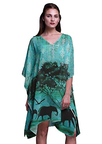 Phagun Grun Elefant Dschungel Damen Plus Size Kaftan Sommer Wear Beach Coverup Kimono Kaftan-4X-5X von Phagun